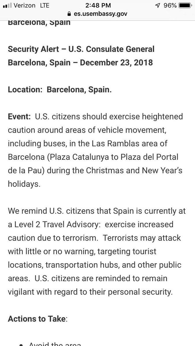 This warning was just posted today on the website of the US embassy in Barcelona.
