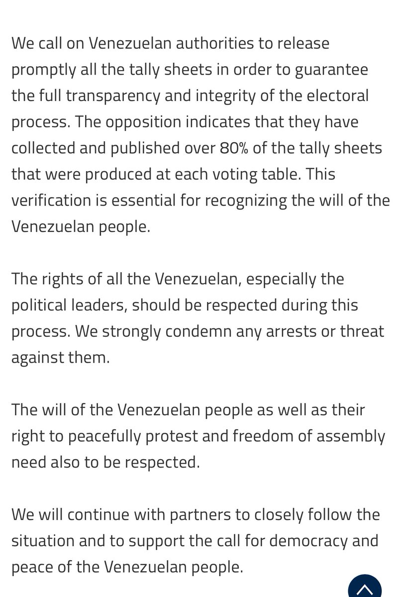 Los Gobiernos de Italia, Francia, Alemania, España, Holanda, Polonia y Portugal publican un comunicado en conjunto:  - Le exigen a Maduro que pruebe su triunfo. Afirman que la oposición ya tiene el 80% de las actas.  - Piden detener la persecución